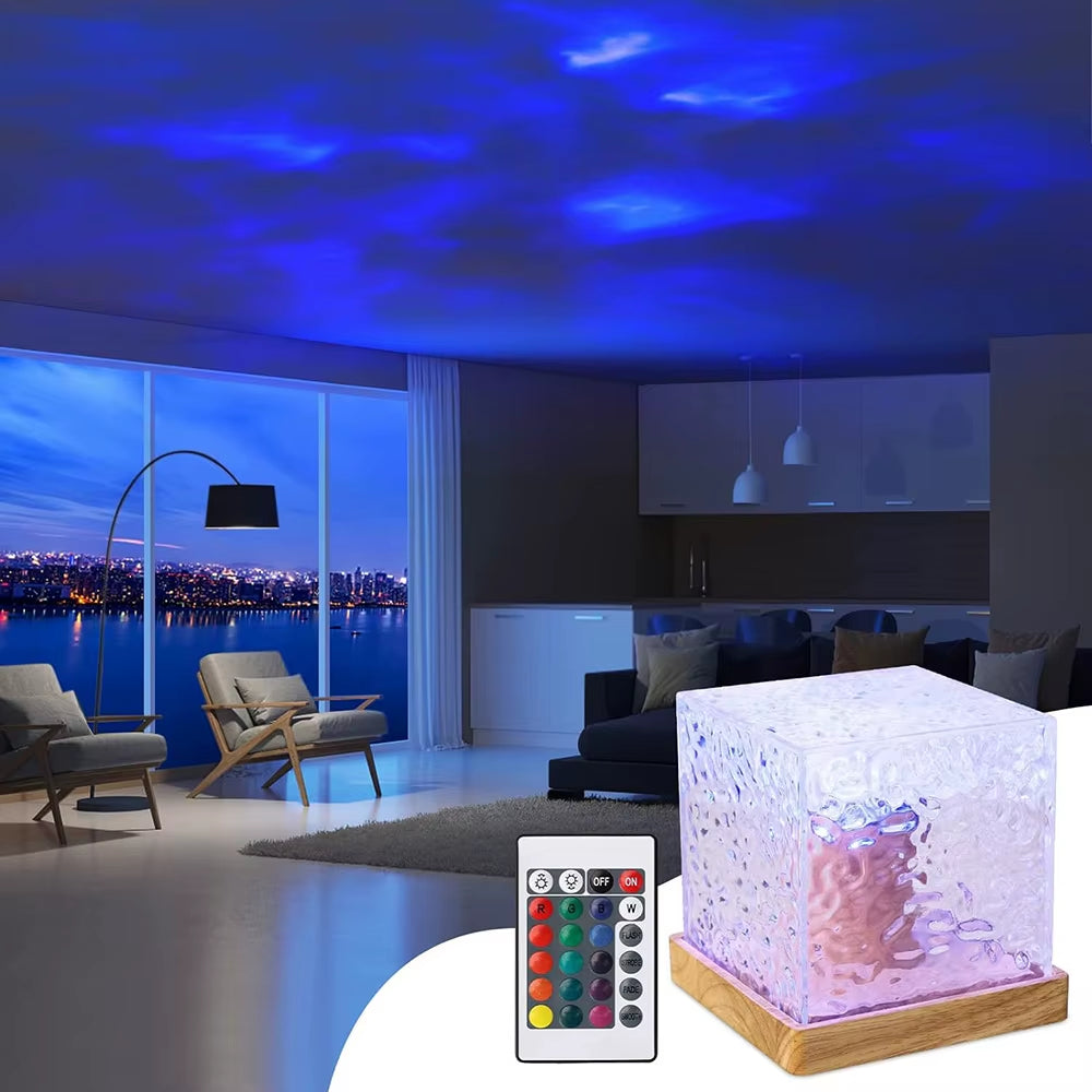 Crystal Lamp Dynamic Rotating Water Ripple Projector Night Light 16 Colors Crystal Lamp Atmosphere Holiday Gift Sunset Light